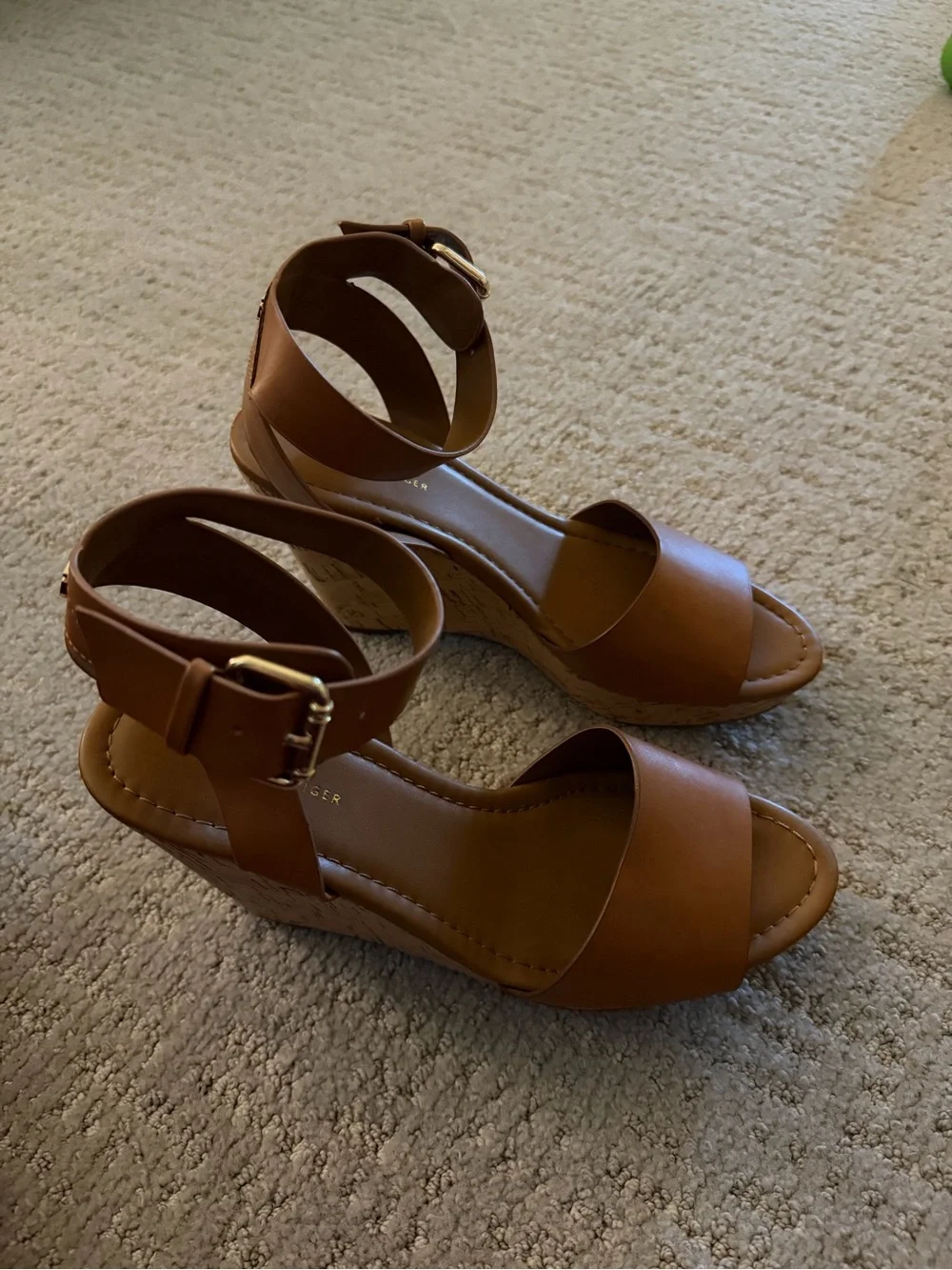 Tommy Hilfiger Cognac Leather Cork Wedge Sandals